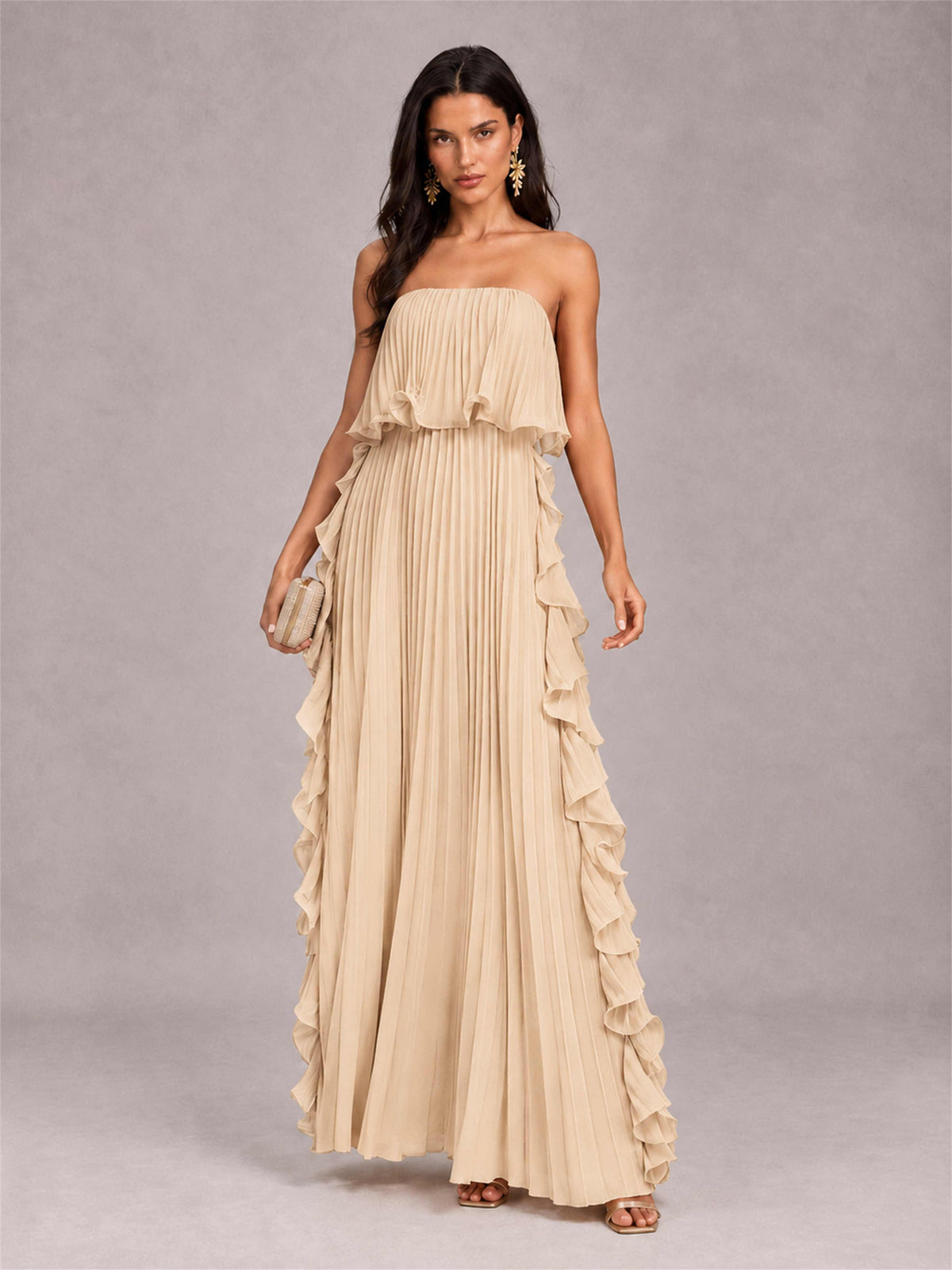 Strapless A-Line Chiffon Ruffle Pleated Floor-Length Wedding Guest Dress