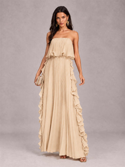 Strapless A-Line Chiffon Ruffle Pleated Floor-Length Wedding Guest Dress