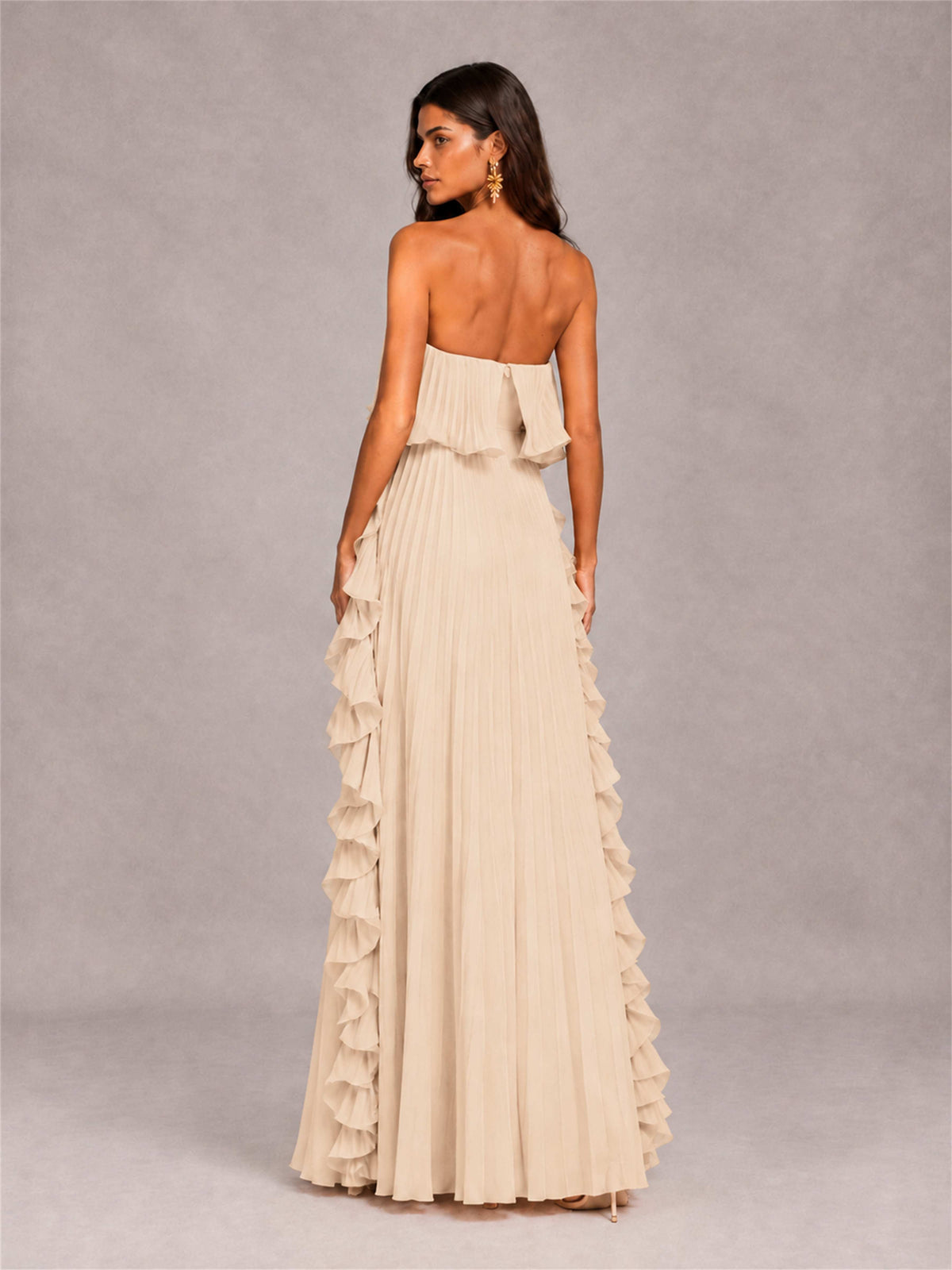 Strapless A-Line Chiffon Ruffle Pleated Floor-Length Wedding Guest Dress