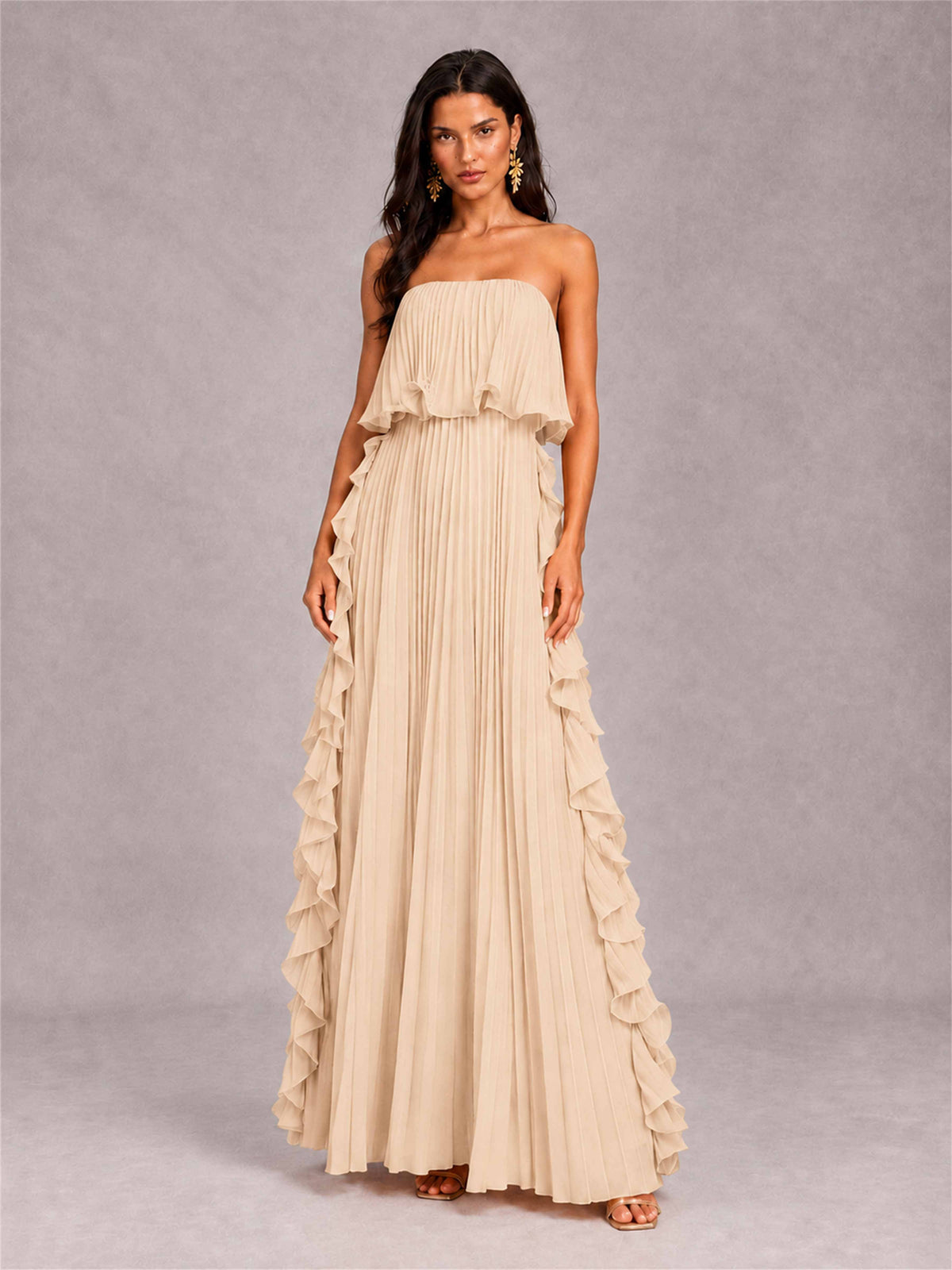 Strapless A-Line Chiffon Ruffle Pleated Floor-Length Wedding Guest Dress