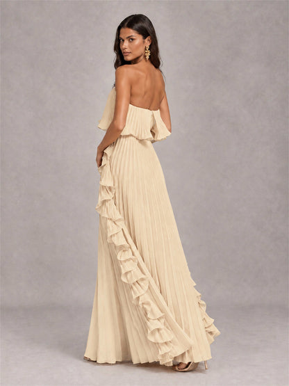 Strapless A-Line Chiffon Ruffle Pleated Floor-Length Wedding Guest Dress