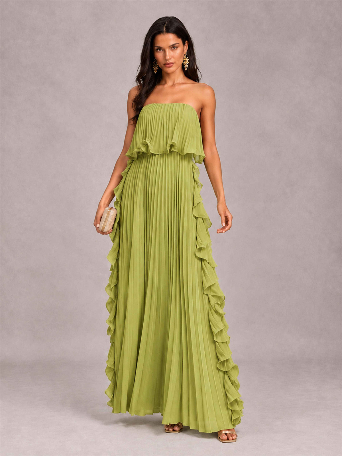 Strapless A-Line Chiffon Ruffle Pleated Floor-Length Wedding Guest Dress