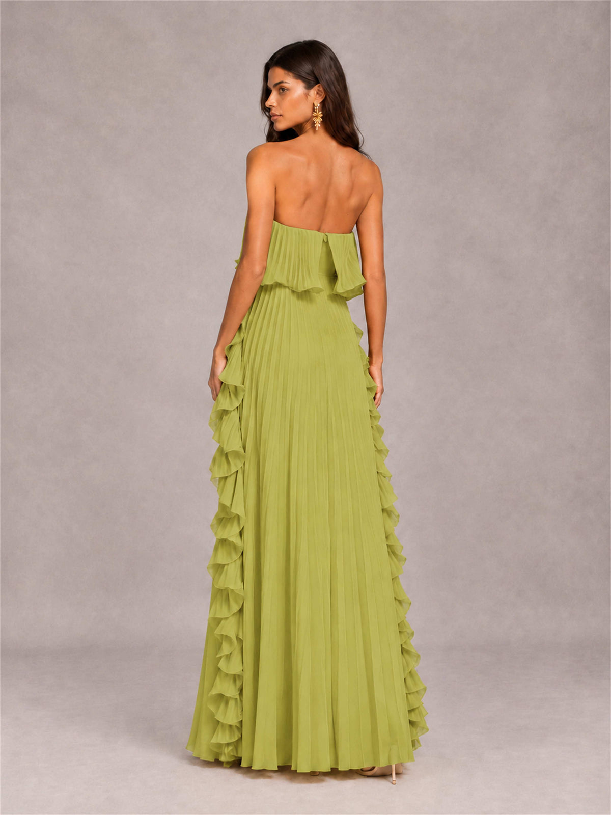 Strapless A-Line Chiffon Ruffle Pleated Floor-Length Wedding Guest Dress