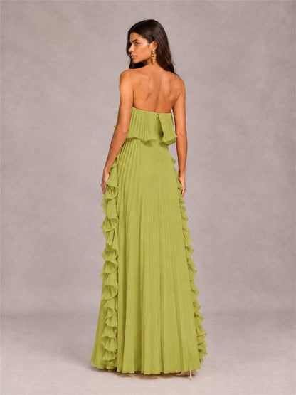 Strapless A-Line Chiffon Ruffle Pleated Floor-Length Wedding Guest Dress
