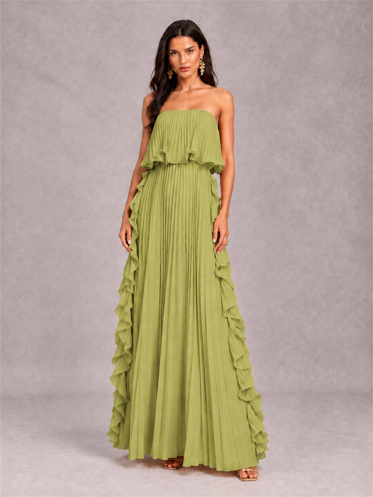 Strapless A-Line Chiffon Ruffle Pleated Floor-Length Wedding Guest Dress