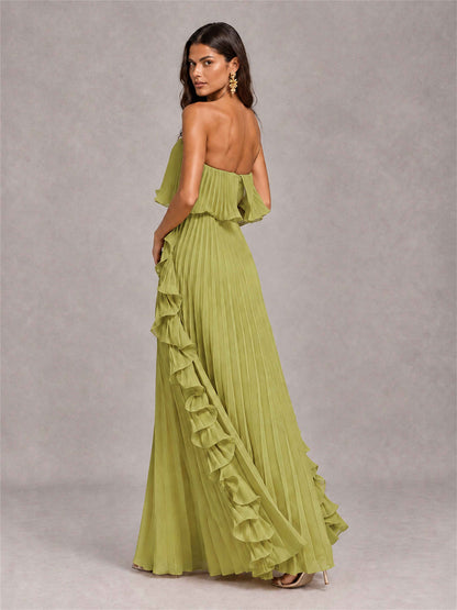 Strapless A-Line Chiffon Ruffle Pleated Floor-Length Wedding Guest Dress