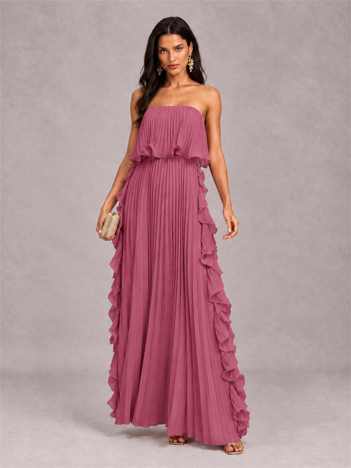 Strapless A-Line Chiffon Ruffle Pleated Floor-Length Wedding Guest Dress