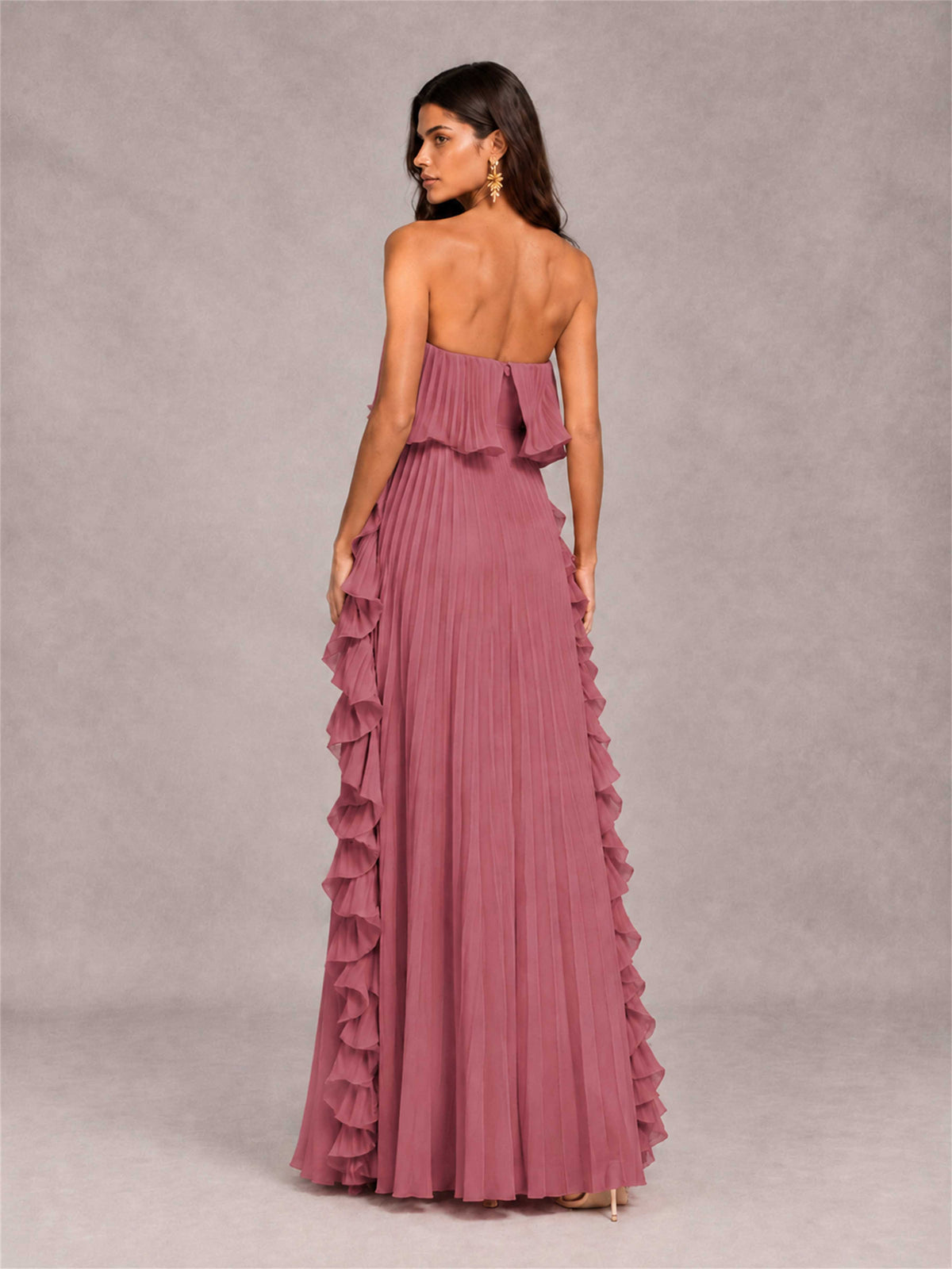 Strapless A-Line Chiffon Ruffle Pleated Floor-Length Wedding Guest Dress