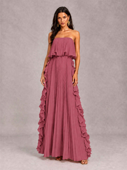 Strapless A-Line Chiffon Ruffle Pleated Floor-Length Wedding Guest Dress