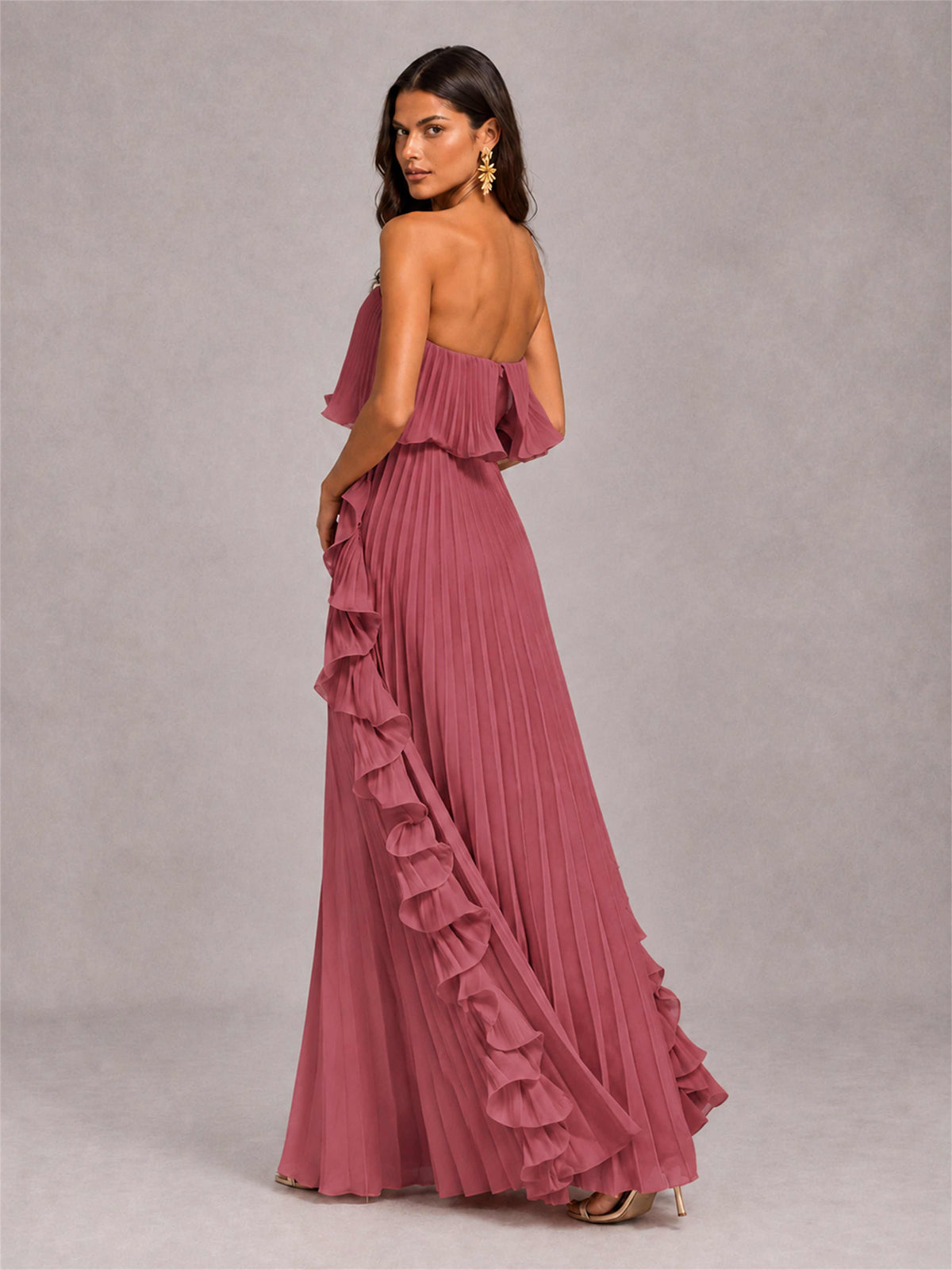 Strapless A-Line Chiffon Ruffle Pleated Floor-Length Wedding Guest Dress