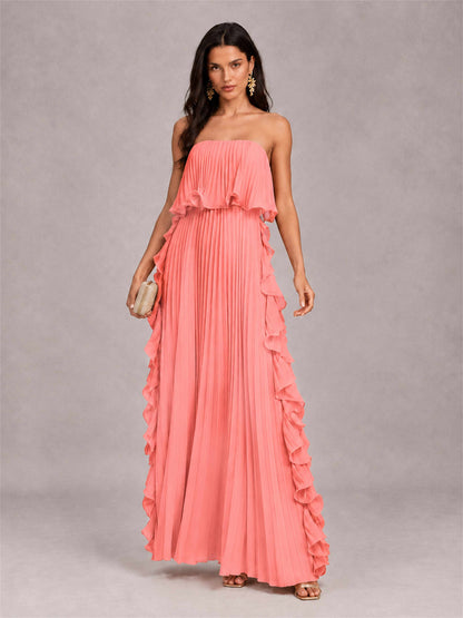 Strapless A-Line Chiffon Ruffle Pleated Floor-Length Wedding Guest Dress