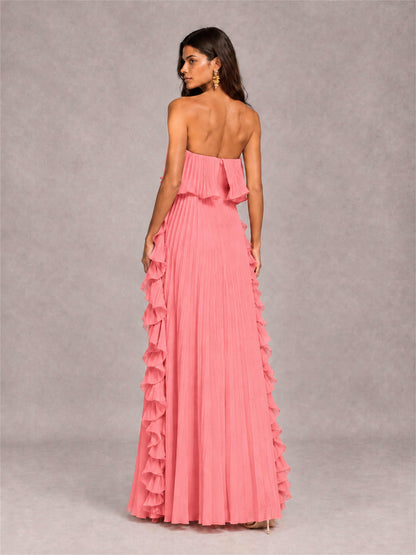 Strapless A-Line Chiffon Ruffle Pleated Floor-Length Wedding Guest Dress