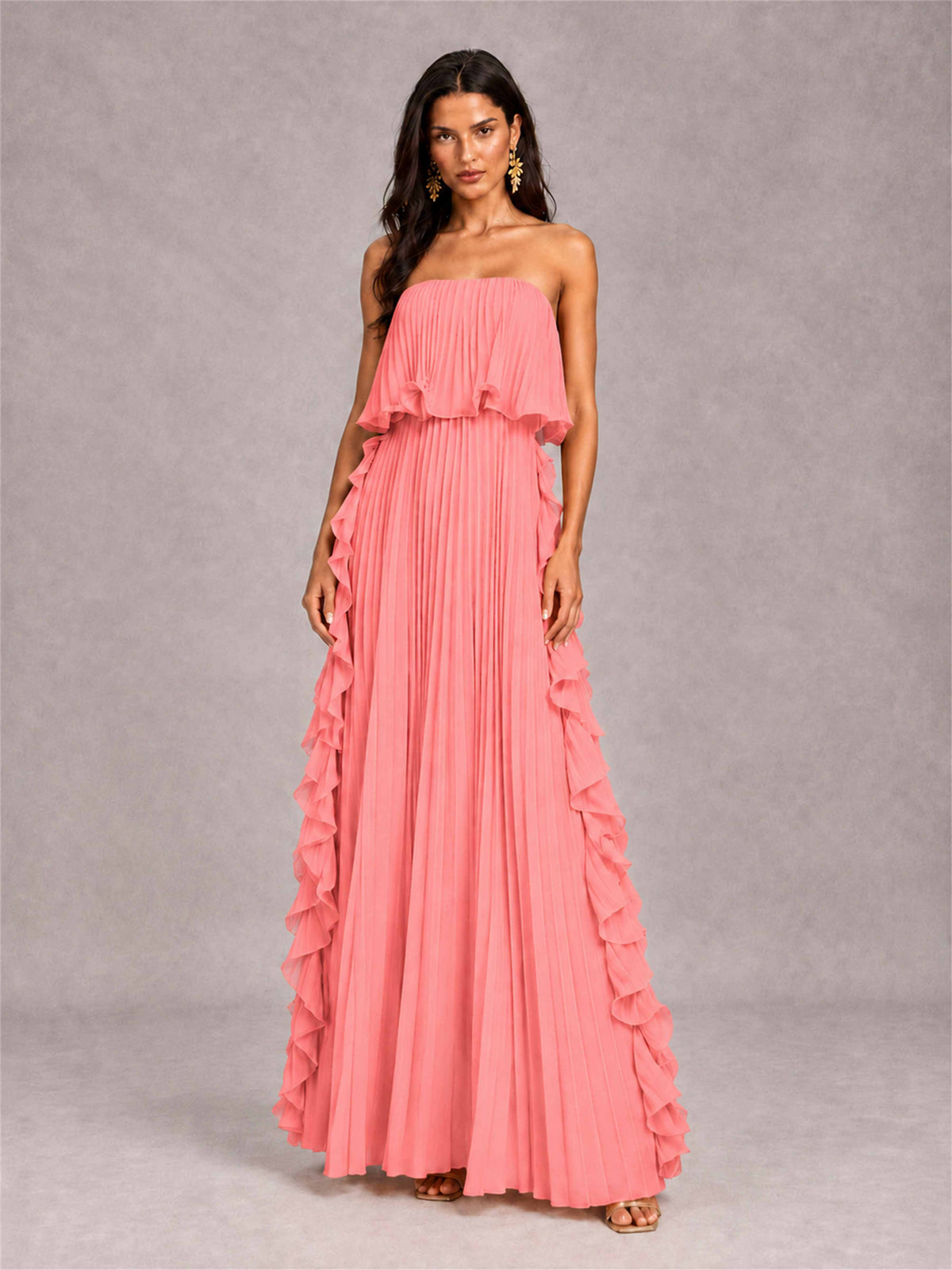 Strapless A-Line Chiffon Ruffle Pleated Floor-Length Wedding Guest Dress