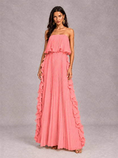 Strapless A-Line Chiffon Ruffle Pleated Floor-Length Wedding Guest Dress