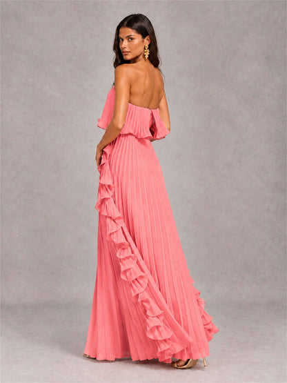 Strapless A-Line Chiffon Ruffle Pleated Floor-Length Wedding Guest Dress