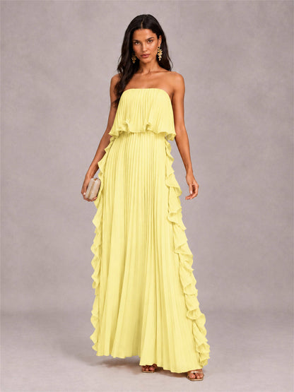 Strapless A-Line Chiffon Ruffle Pleated Floor-Length Wedding Guest Dress