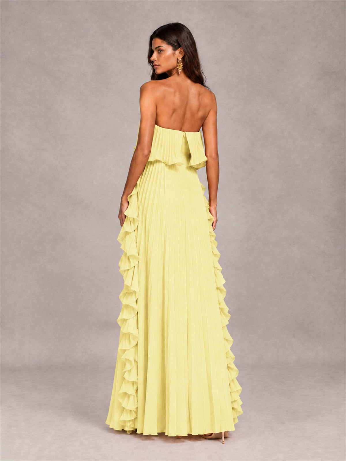 Strapless A-Line Chiffon Ruffle Pleated Floor-Length Wedding Guest Dress