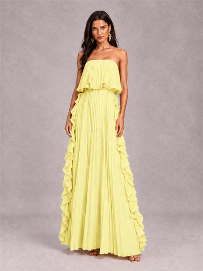Strapless A-Line Chiffon Ruffle Pleated Floor-Length Wedding Guest Dress