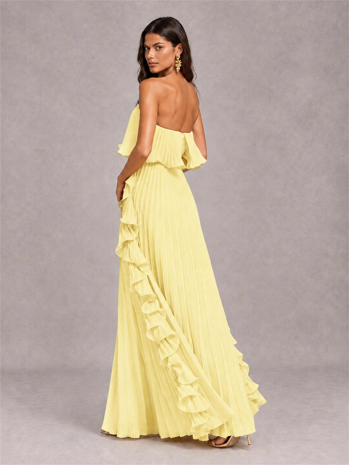 Strapless A-Line Chiffon Ruffle Pleated Floor-Length Wedding Guest Dress