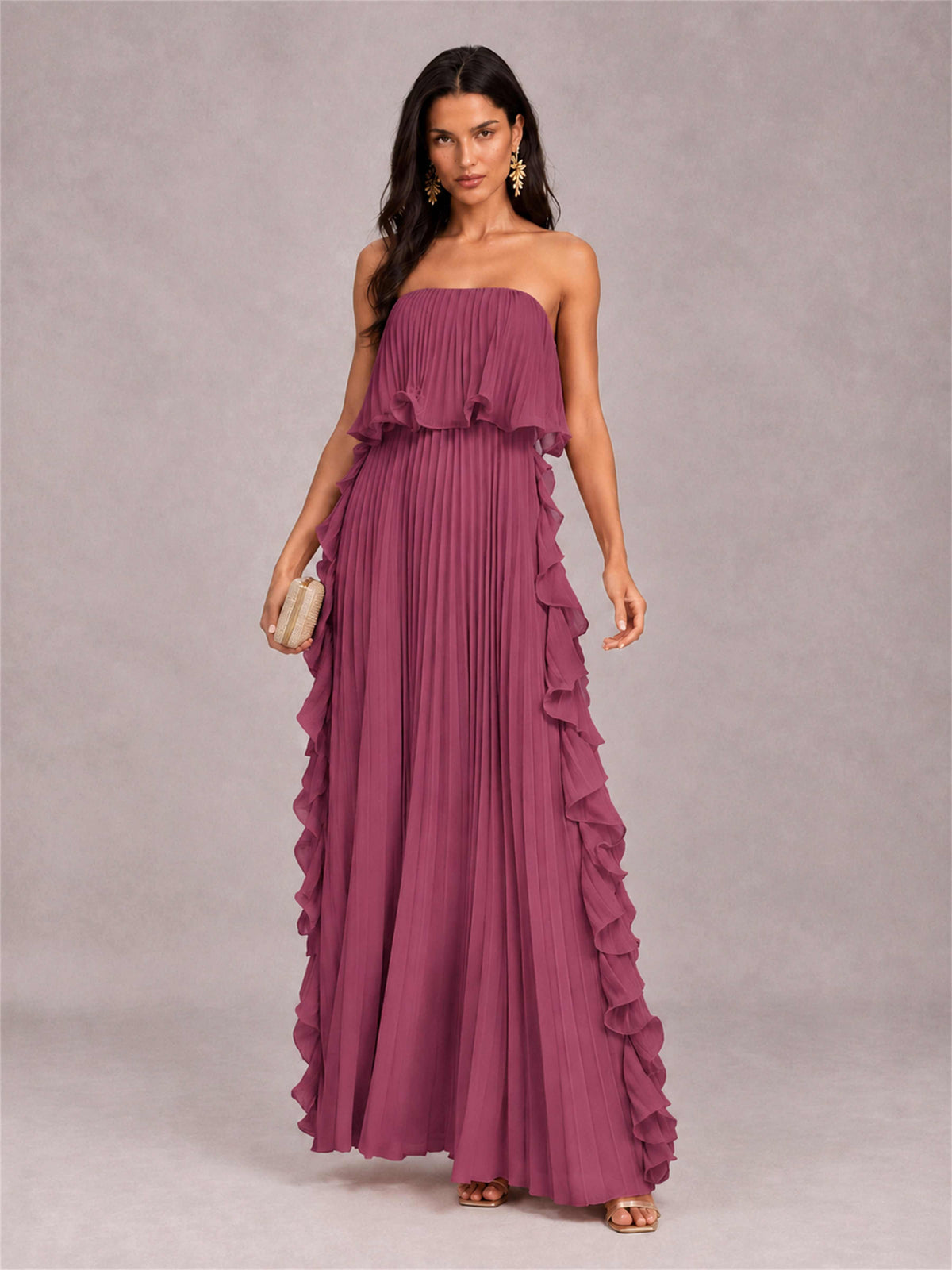 Strapless A-Line Chiffon Ruffle Pleated Floor-Length Wedding Guest Dress