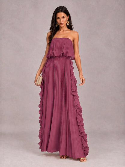 Strapless A-Line Chiffon Ruffle Pleated Floor-Length Wedding Guest Dress