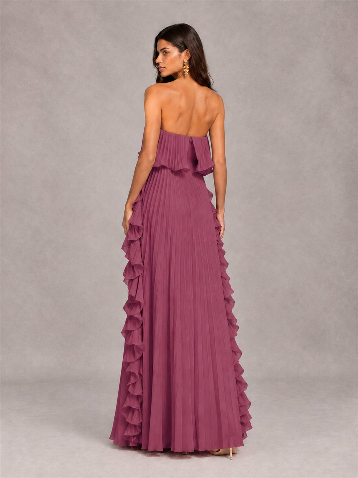 Strapless A-Line Chiffon Ruffle Pleated Floor-Length Wedding Guest Dress