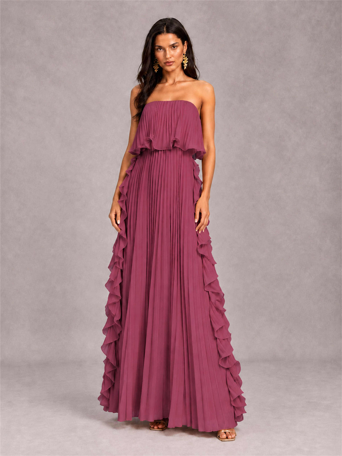 Strapless A-Line Chiffon Ruffle Pleated Floor-Length Wedding Guest Dress
