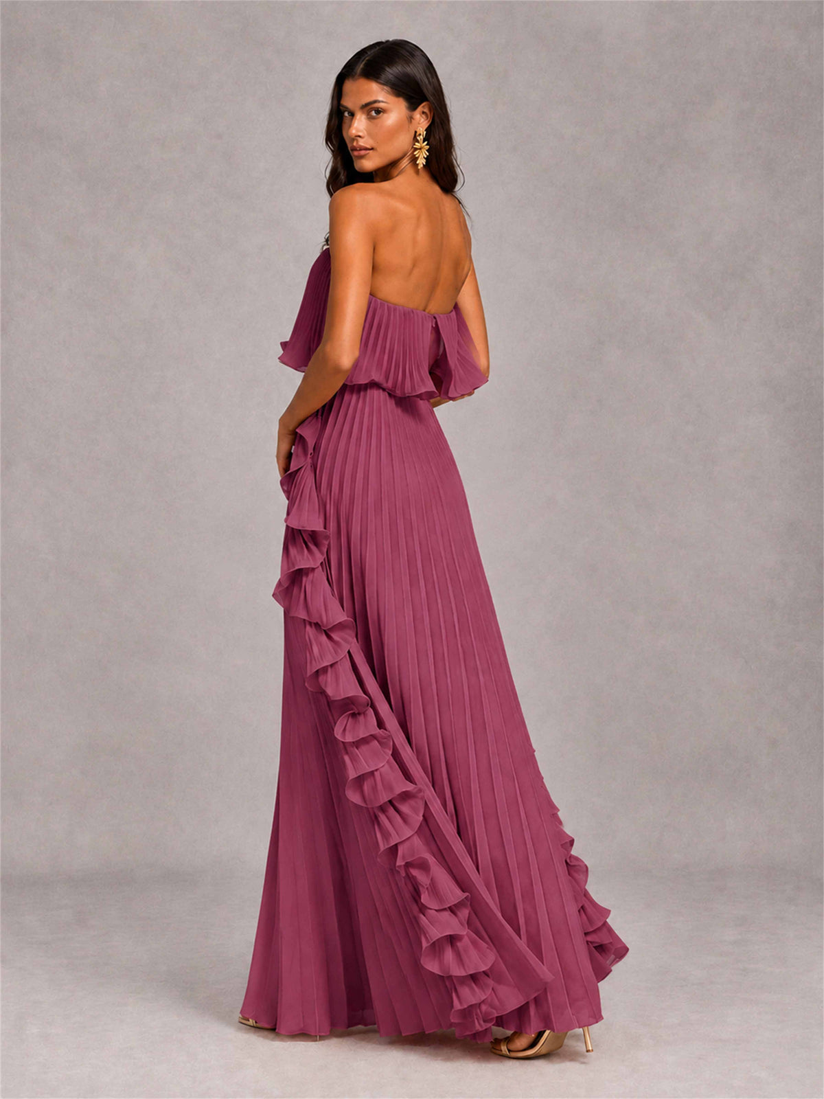 Strapless A-Line Chiffon Ruffle Pleated Floor-Length Wedding Guest Dress