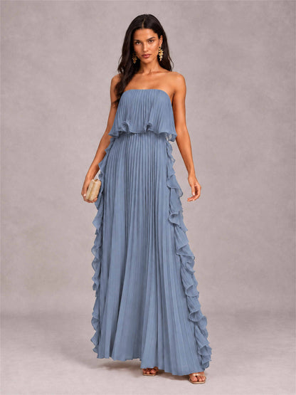 Strapless A-Line Chiffon Ruffle Pleated Floor-Length Wedding Guest Dress