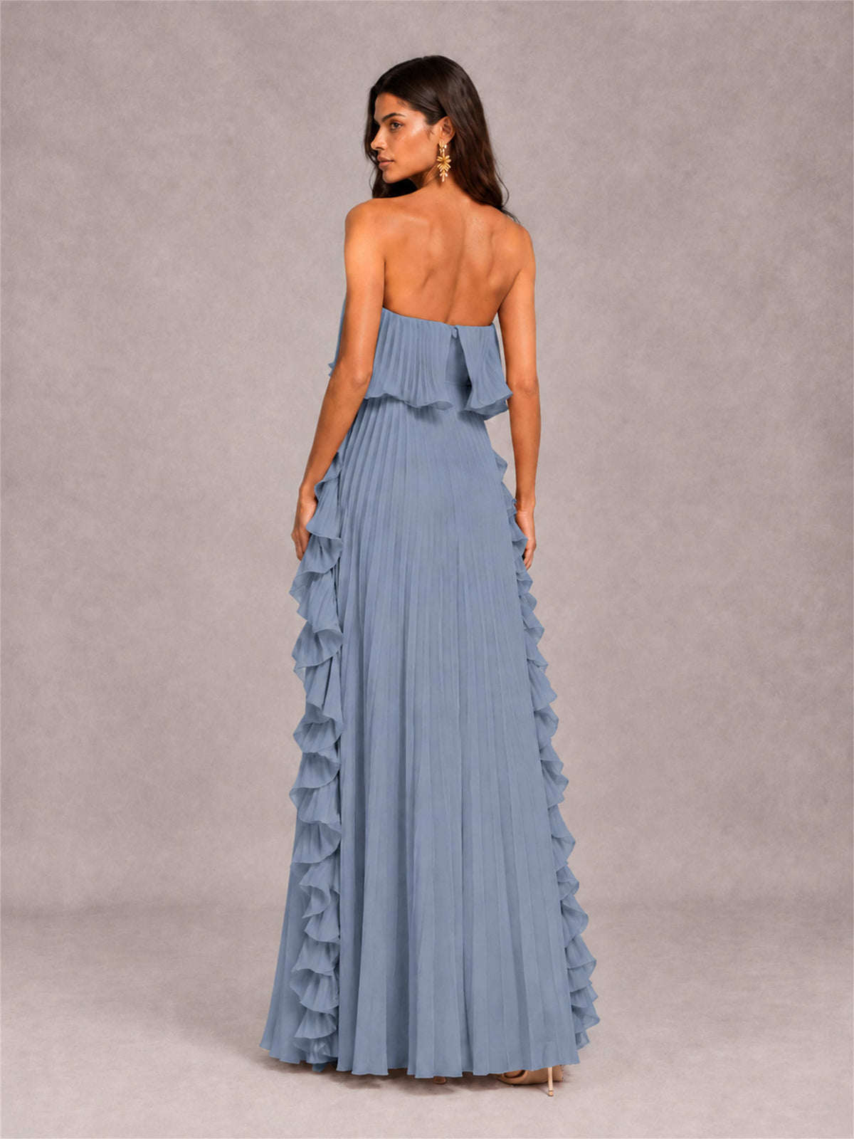 Strapless A-Line Chiffon Ruffle Pleated Floor-Length Wedding Guest Dress