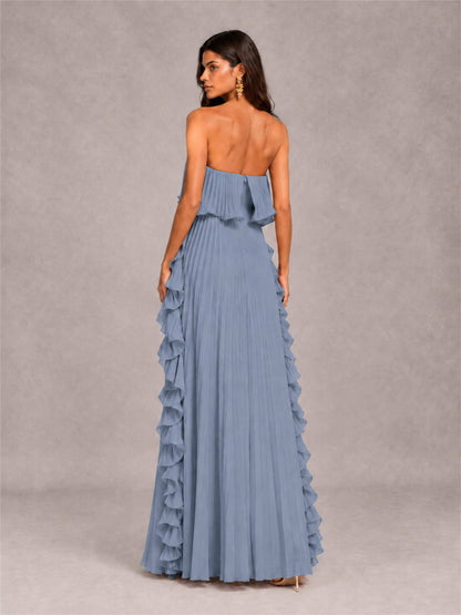 Strapless A-Line Chiffon Ruffle Pleated Floor-Length Wedding Guest Dress