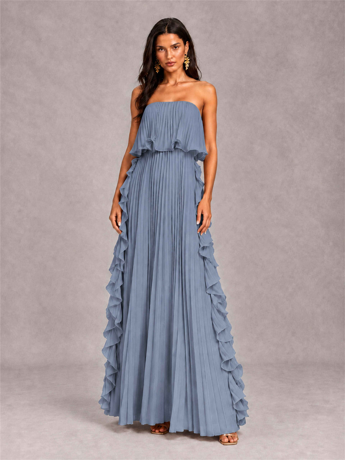 Strapless A-Line Chiffon Ruffle Pleated Floor-Length Wedding Guest Dress