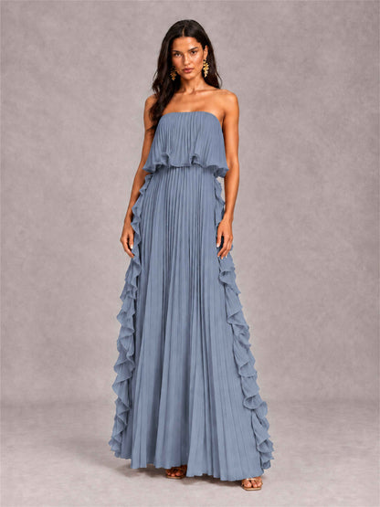 Strapless A-Line Chiffon Ruffle Pleated Floor-Length Wedding Guest Dress