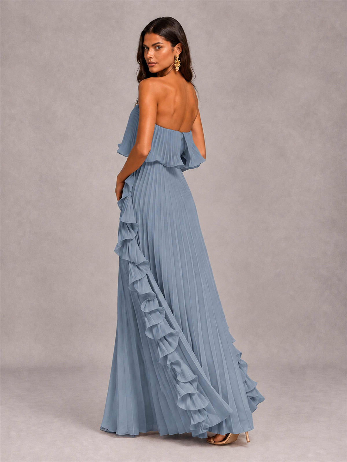 Strapless A-Line Chiffon Ruffle Pleated Floor-Length Wedding Guest Dress