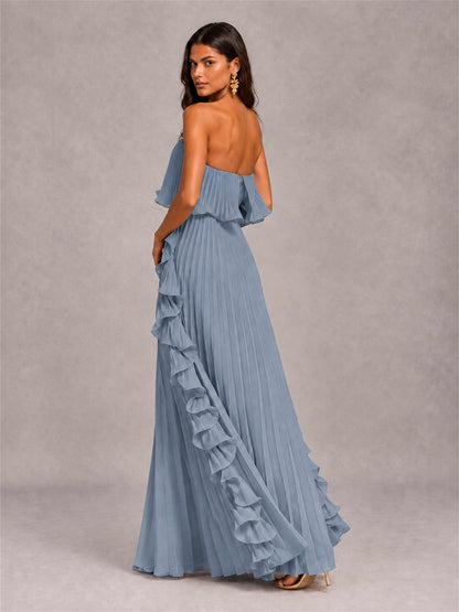 Strapless A-Line Chiffon Ruffle Pleated Floor-Length Wedding Guest Dress