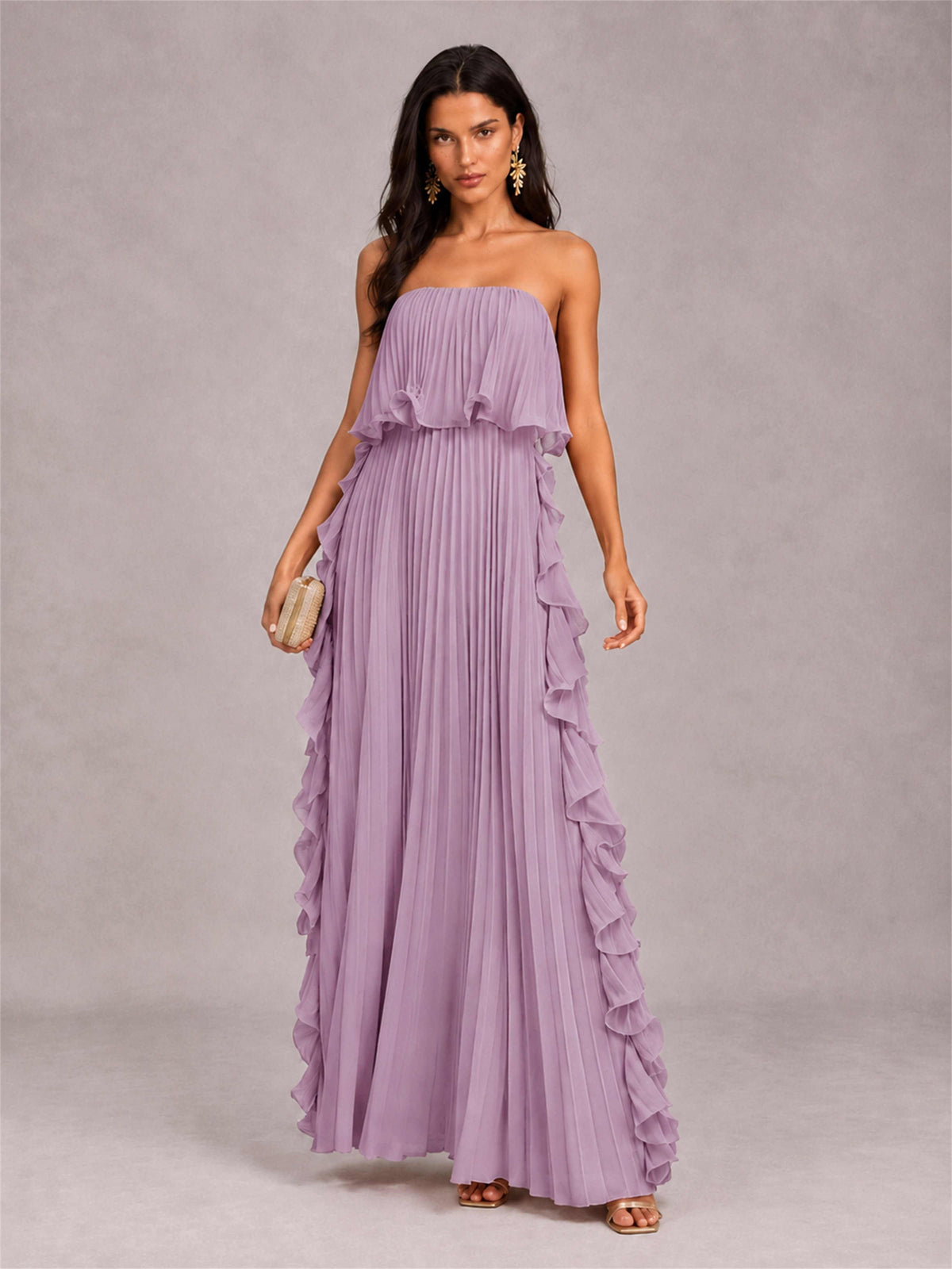 Strapless A-Line Chiffon Ruffle Pleated Floor-Length Wedding Guest Dress