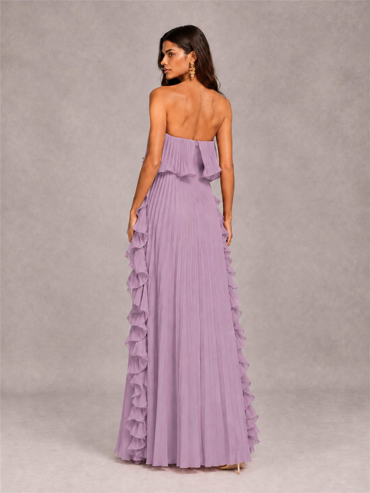 Strapless A-Line Chiffon Ruffle Pleated Floor-Length Wedding Guest Dress