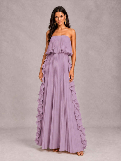 Strapless A-Line Chiffon Ruffle Pleated Floor-Length Wedding Guest Dress