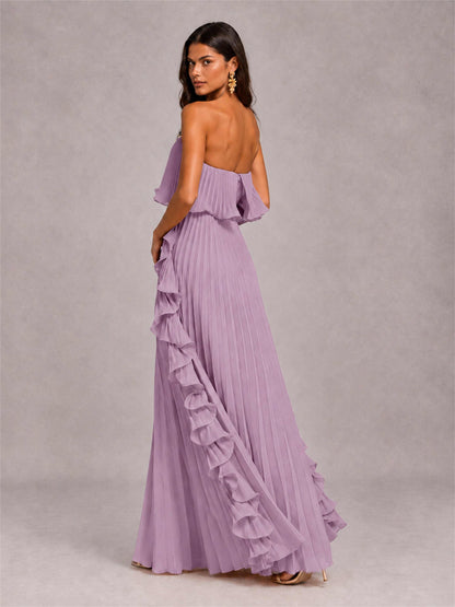 Strapless A-Line Chiffon Ruffle Pleated Floor-Length Wedding Guest Dress