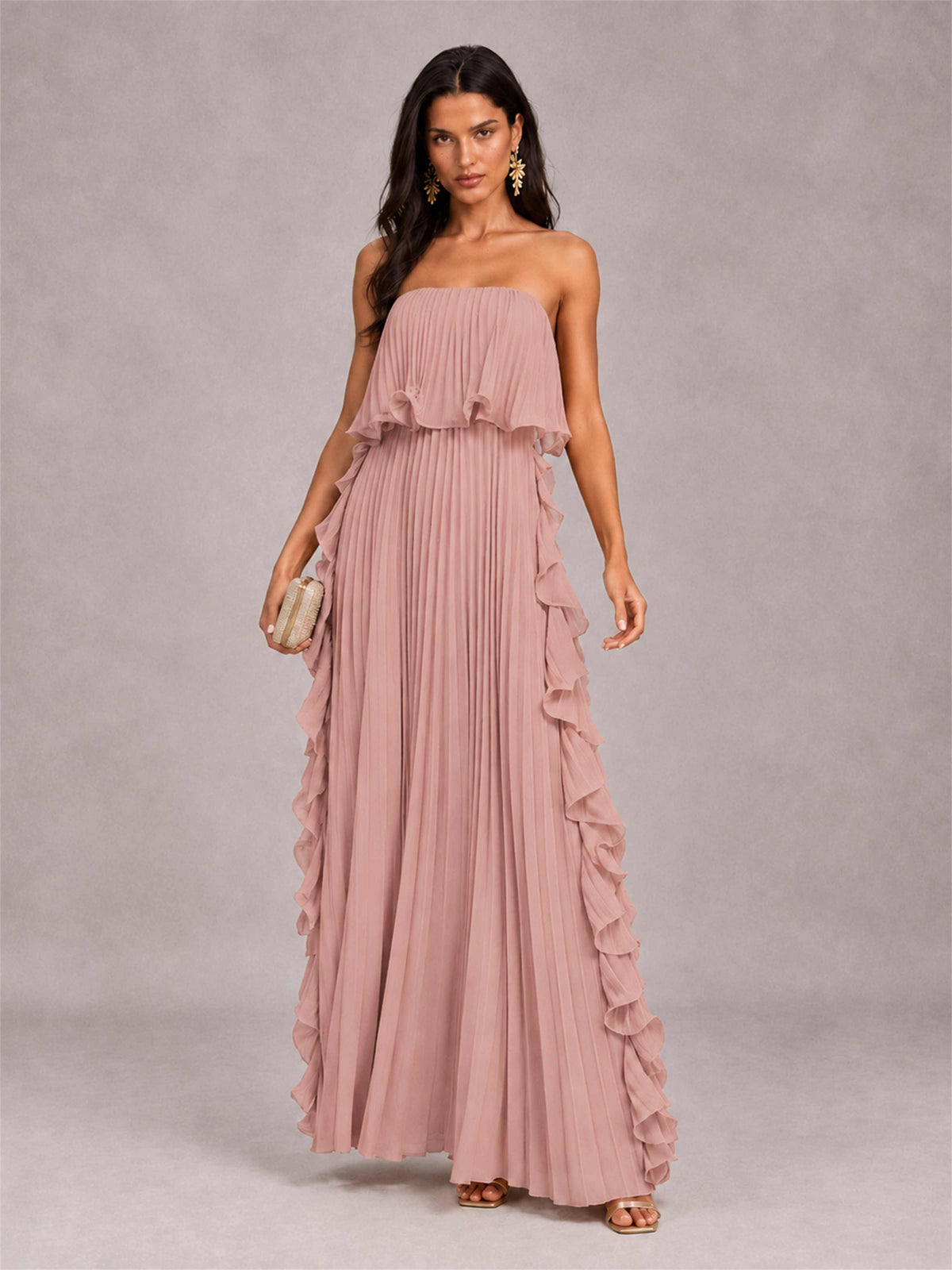 Strapless A-Line Chiffon Ruffle Pleated Floor-Length Wedding Guest Dress