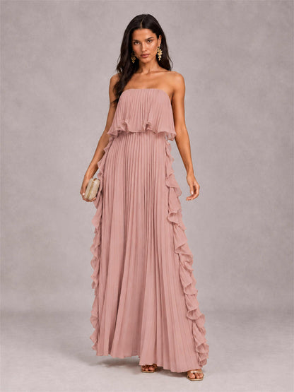 Strapless A-Line Chiffon Ruffle Pleated Floor-Length Wedding Guest Dress