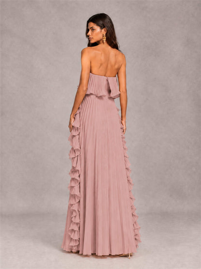 Strapless A-Line Chiffon Ruffle Pleated Floor-Length Wedding Guest Dress