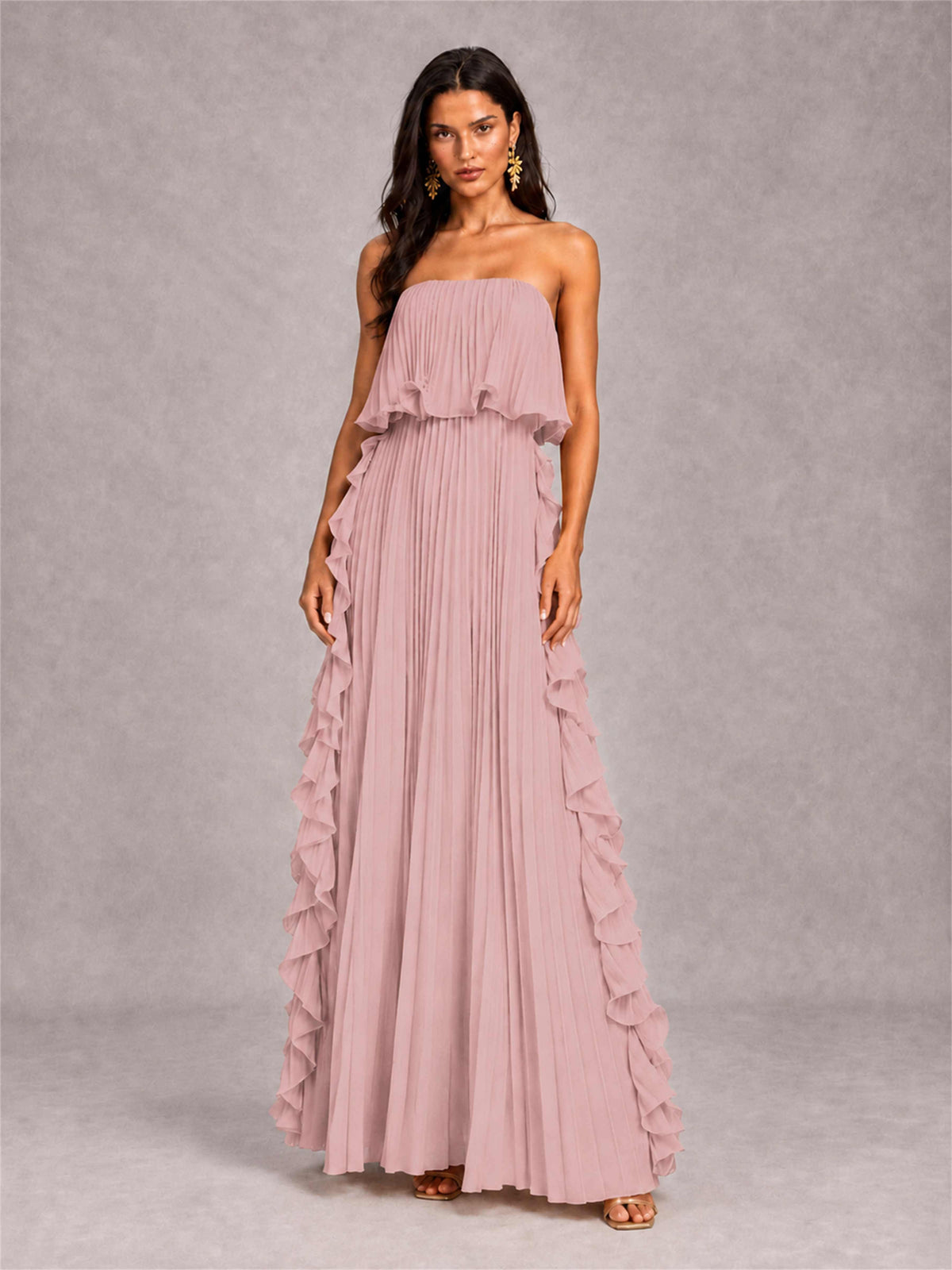 Strapless A-Line Chiffon Ruffle Pleated Floor-Length Wedding Guest Dress