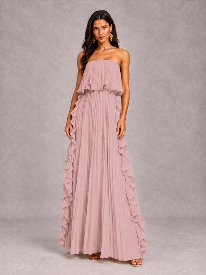 Strapless A-Line Chiffon Ruffle Pleated Floor-Length Wedding Guest Dress