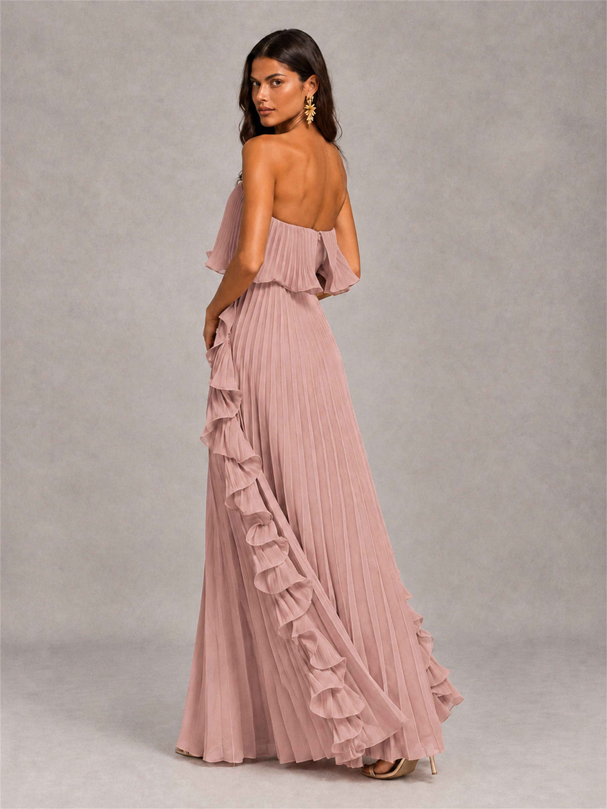 Strapless A-Line Chiffon Ruffle Pleated Floor-Length Wedding Guest Dress