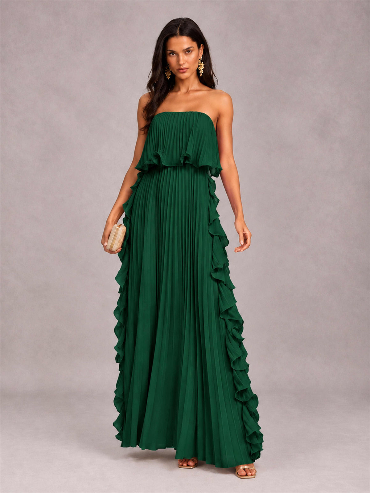 Strapless A-Line Chiffon Ruffle Pleated Floor-Length Wedding Guest Dress