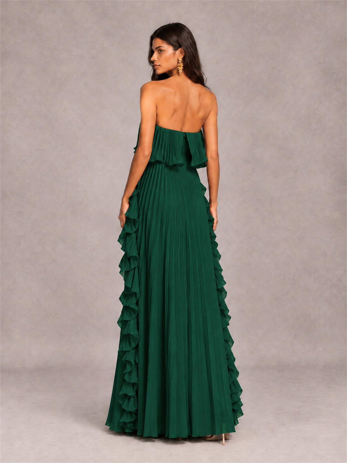 Strapless A-Line Chiffon Ruffle Pleated Floor-Length Wedding Guest Dress