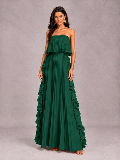 Strapless A-Line Chiffon Ruffle Pleated Floor-Length Wedding Guest Dress