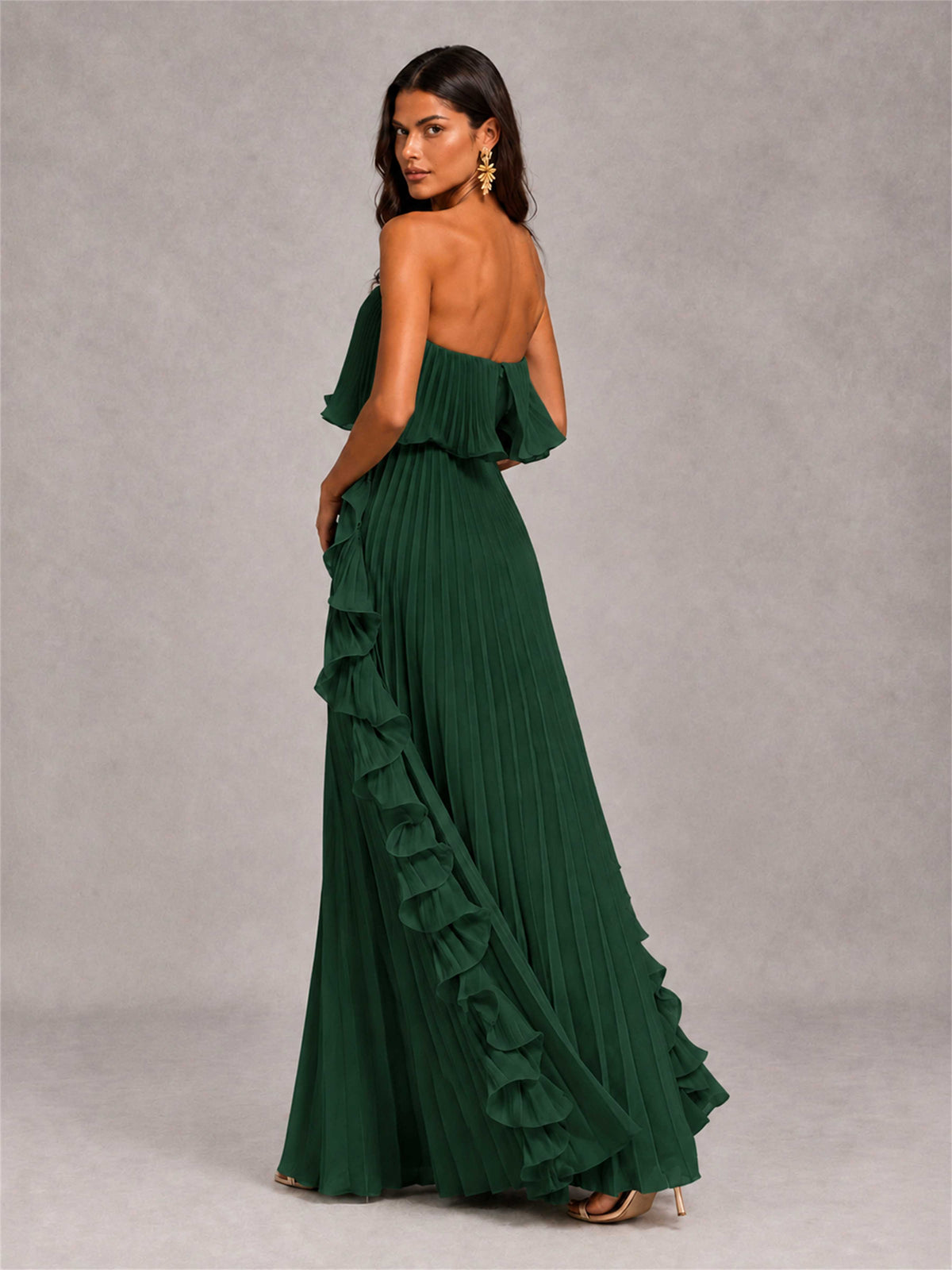 Strapless A-Line Chiffon Ruffle Pleated Floor-Length Wedding Guest Dress