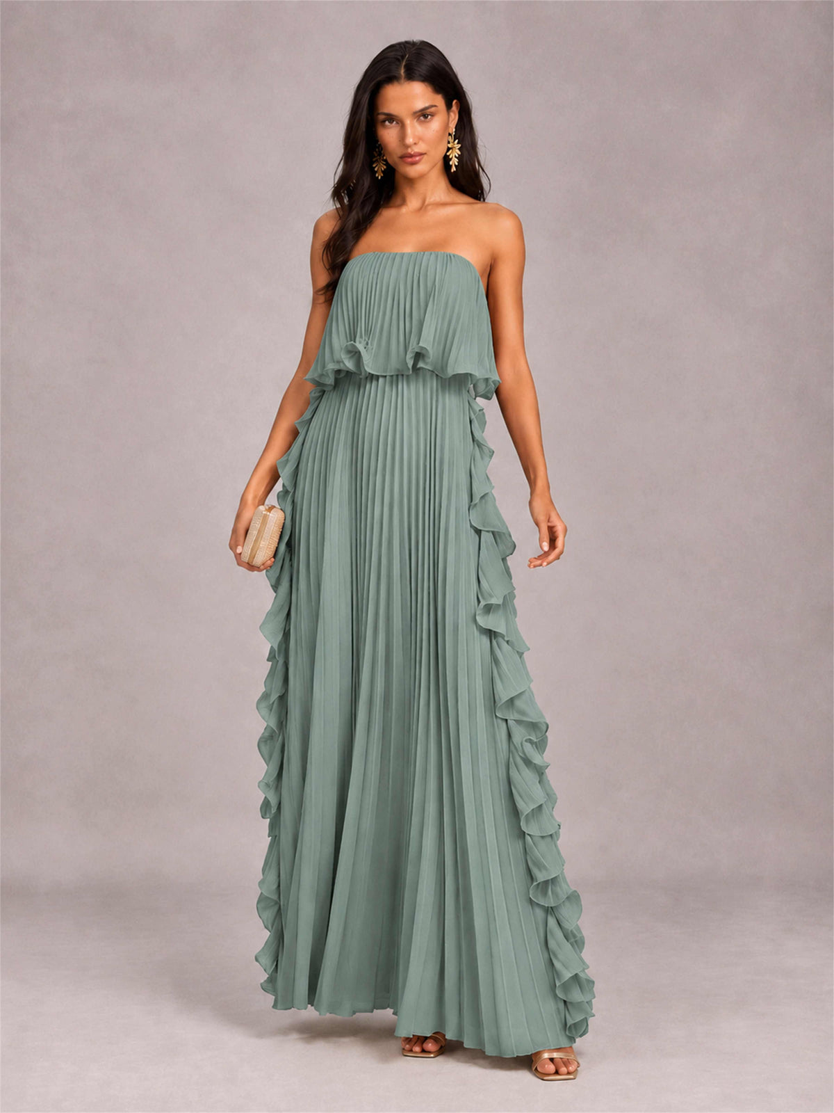 Strapless A-Line Chiffon Ruffle Pleated Floor-Length Wedding Guest Dress